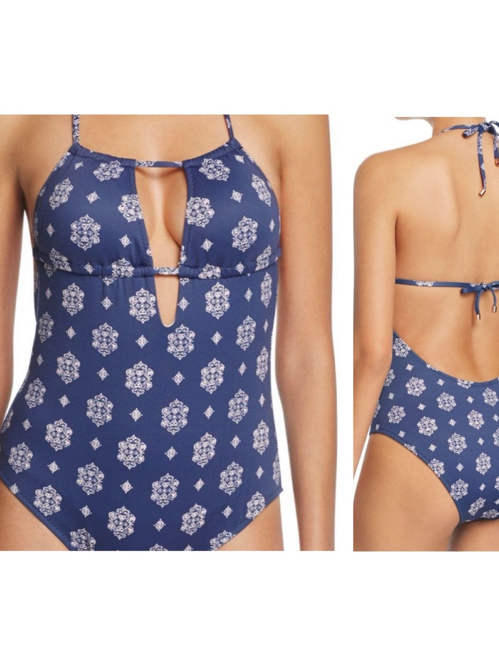 Eberjey‎ Suki One Piece Swimsuit Blue White Tile Print Swim Womens Size Large